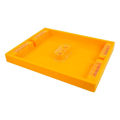 BEEXTM Bee Feeder top assembly visible in hive; enables efficient dual-group feeding.