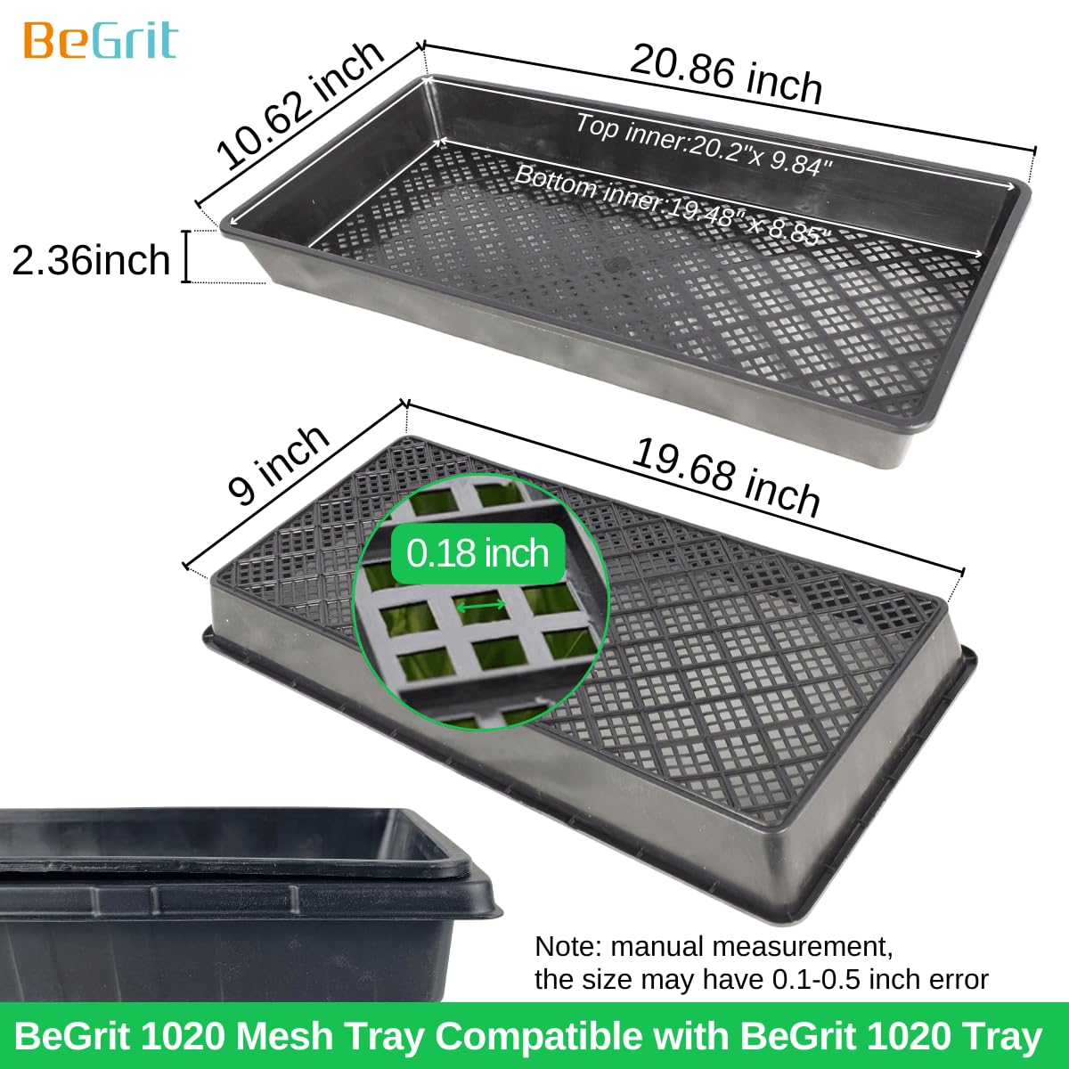 BeGrit 1020 tray showing drainage holes and mesh underside for aeration.