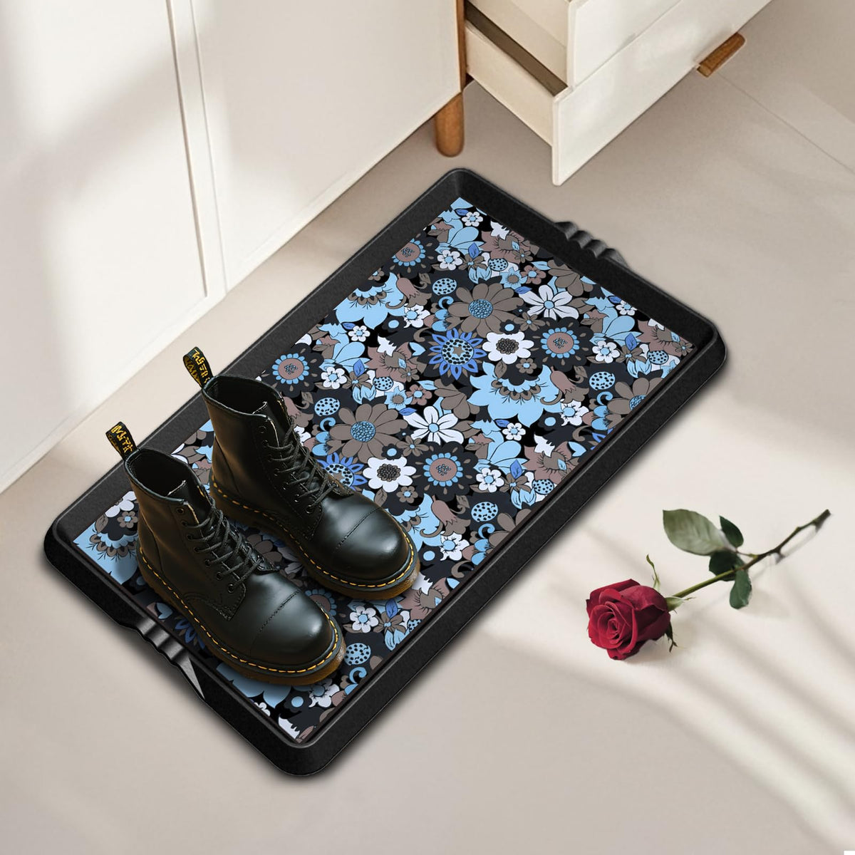 BEHERO boot tray with decorative pattern keeps entryway organized.