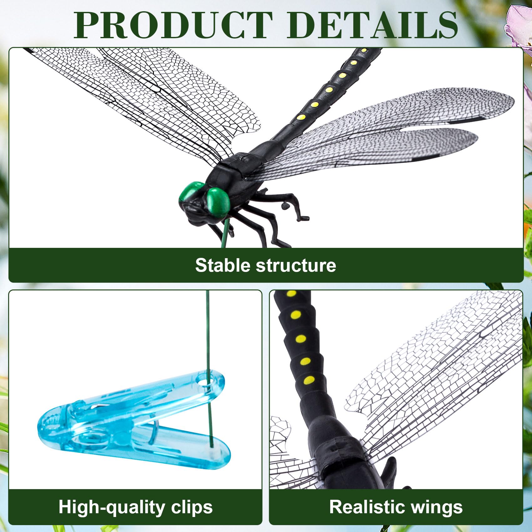 BEIQIYA dragonfly clips perched on plants create a natural-looking garden accent