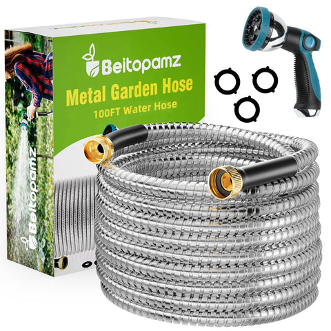 Beitopamz 100ft garden hose coil shows durable stainless steel for outdoor use.
