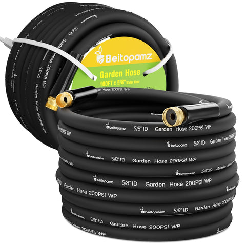 Beitopamz 100 ft garden hose, front view, brass fittings for durable outdoor watering.