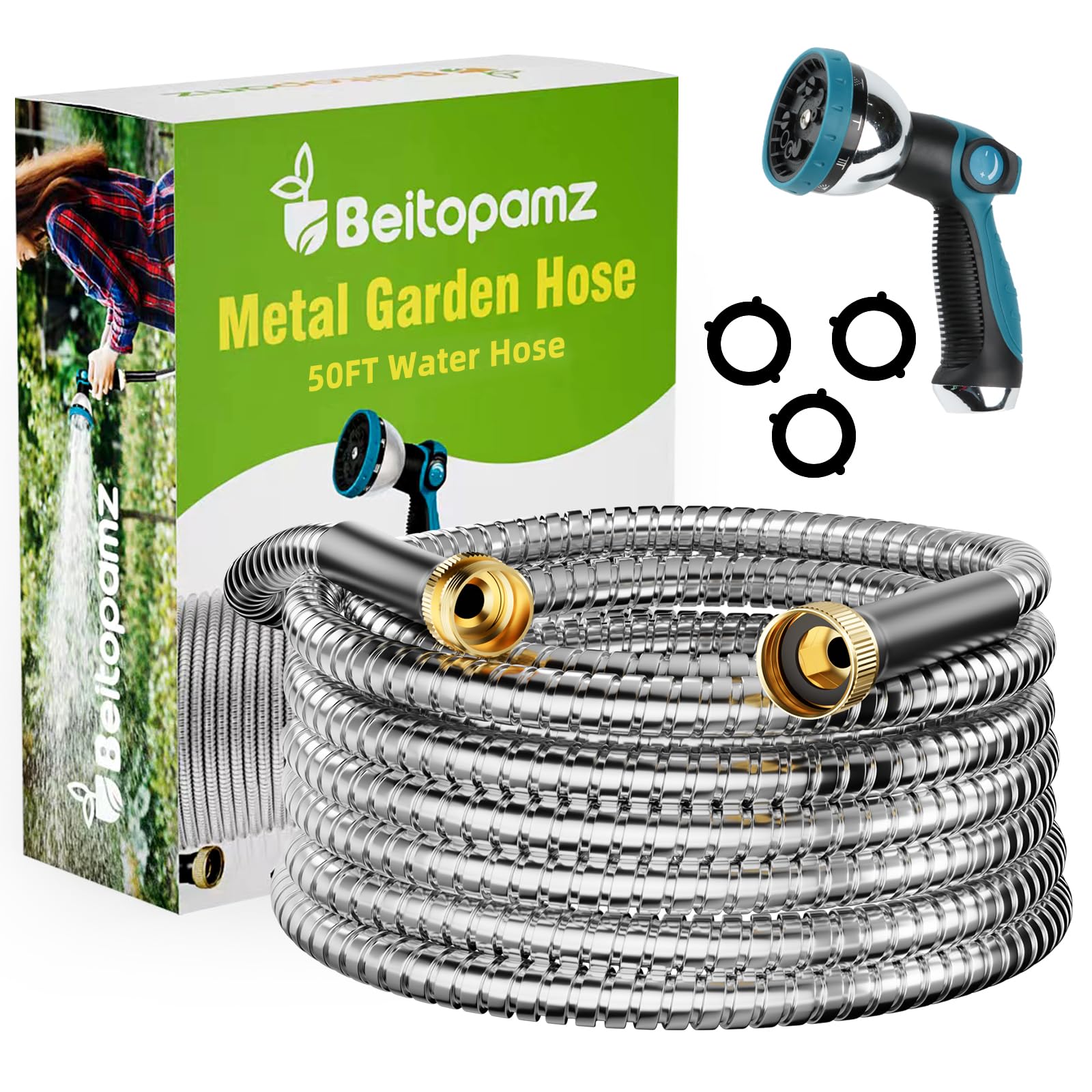 Beitopamz garden hose 50 ft in stainless steel ready for heavy duty watering