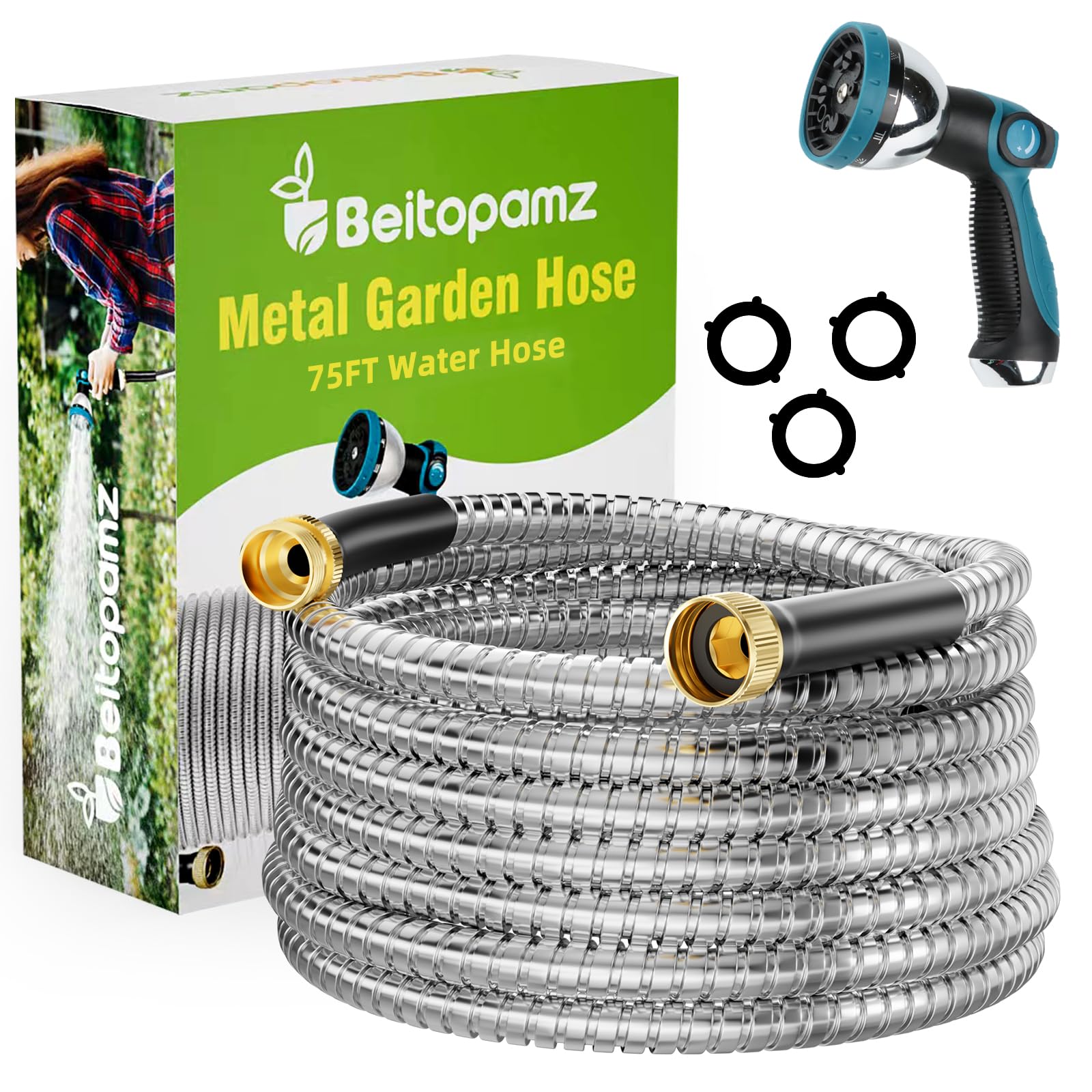 Beitopamz garden hose 75ft stainless steel for durable watering.
