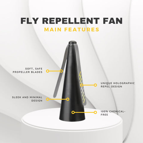 Belfans FlyRepellent Table Fan with holographic blades silently repels insects.