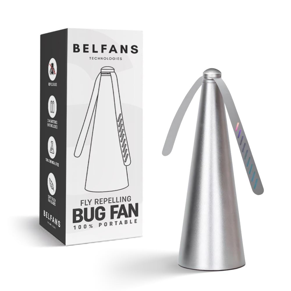 Belfans FlyRepellent Table Fan silver body keeps flies away during meals.