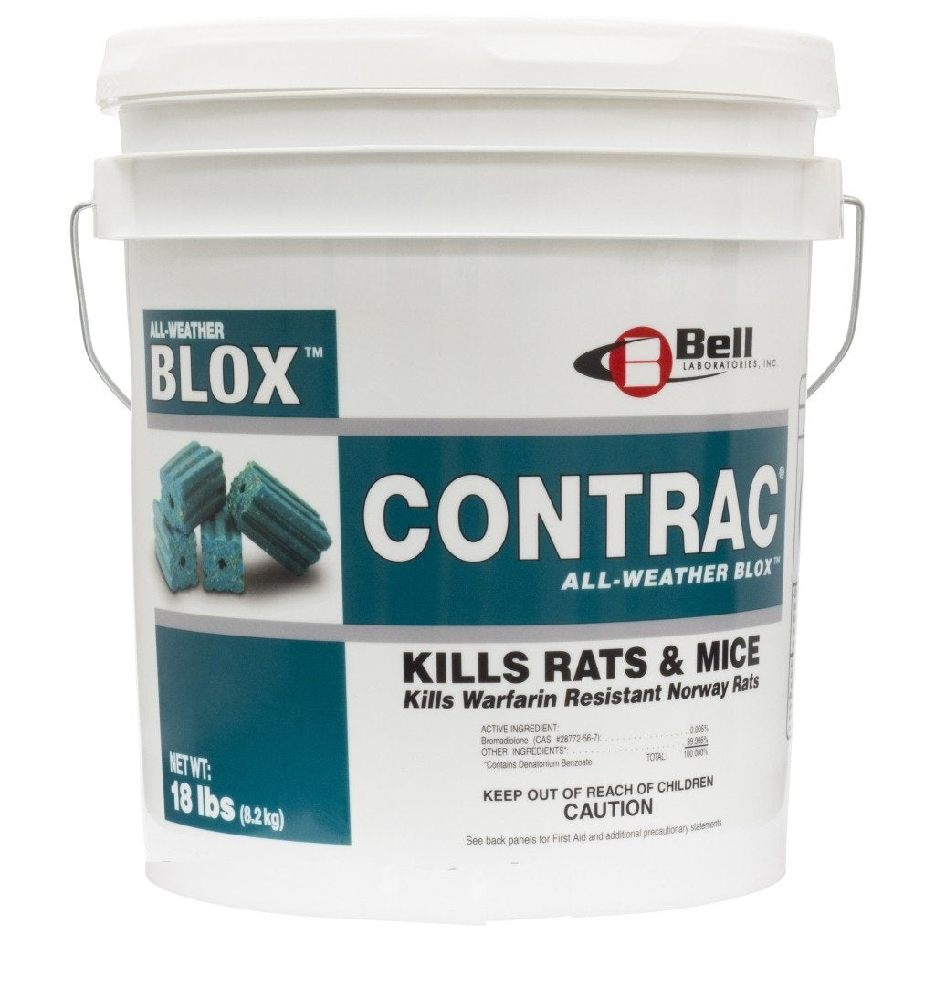 Bell Laboratories Contrac Blox weather-resilient formula for wet and dry conditions.