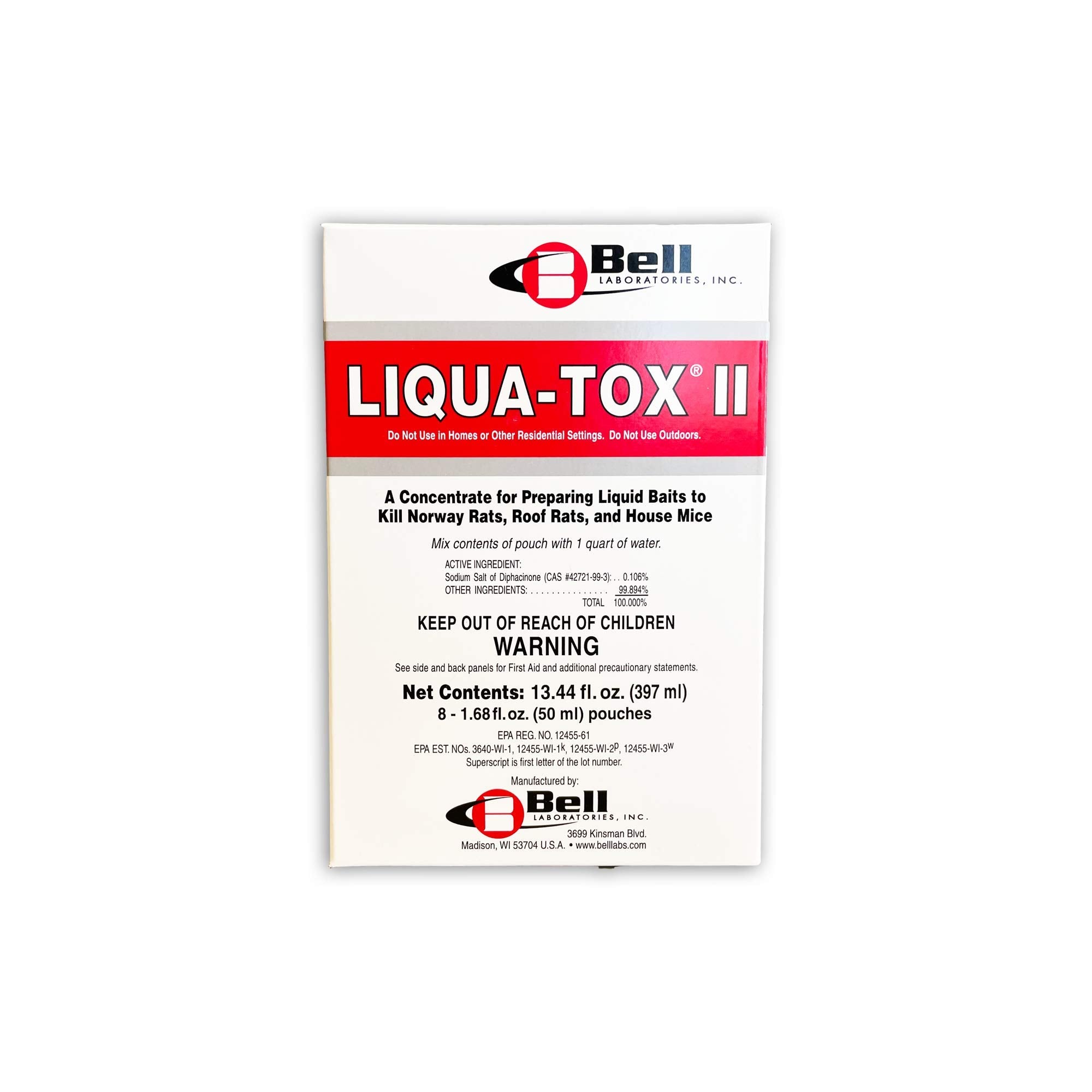 Bell Laboratories Liquatox front pouch shows easy dosing for controlled pest management.