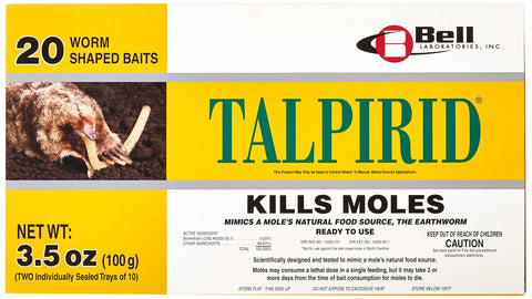 Bell Laboratories Talpirid 20 worm baits arranged in two trays for easy, ready-to-use mole control.