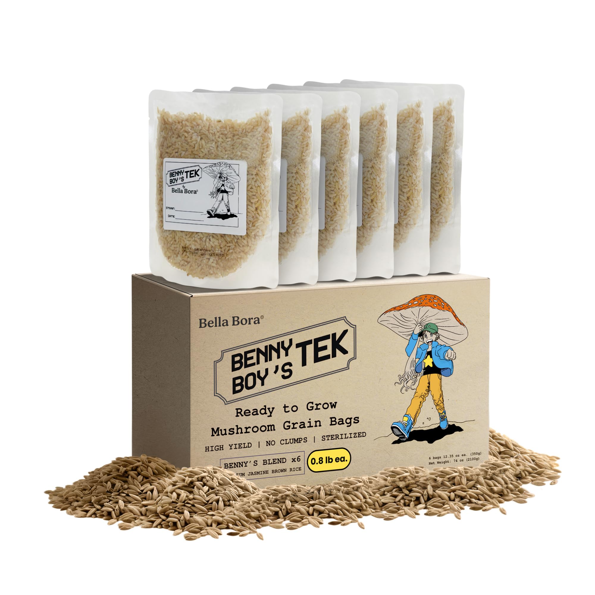 Bella Bora grain spawn bags 6-pack with clear pouch for monitoring growth