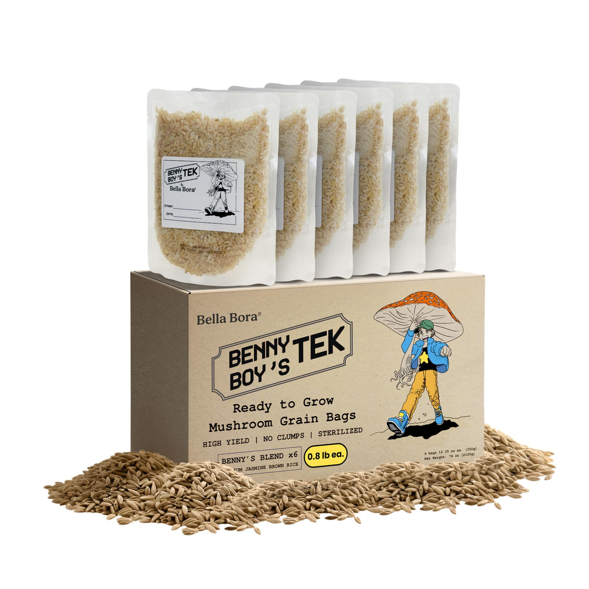 Bella Bora grain spawn bags 6-pack with clear pouch for monitoring growth