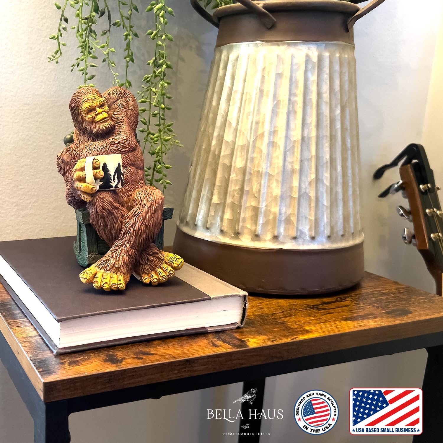 Durable resin finish on Bigfoot garden statue for outdoor use.