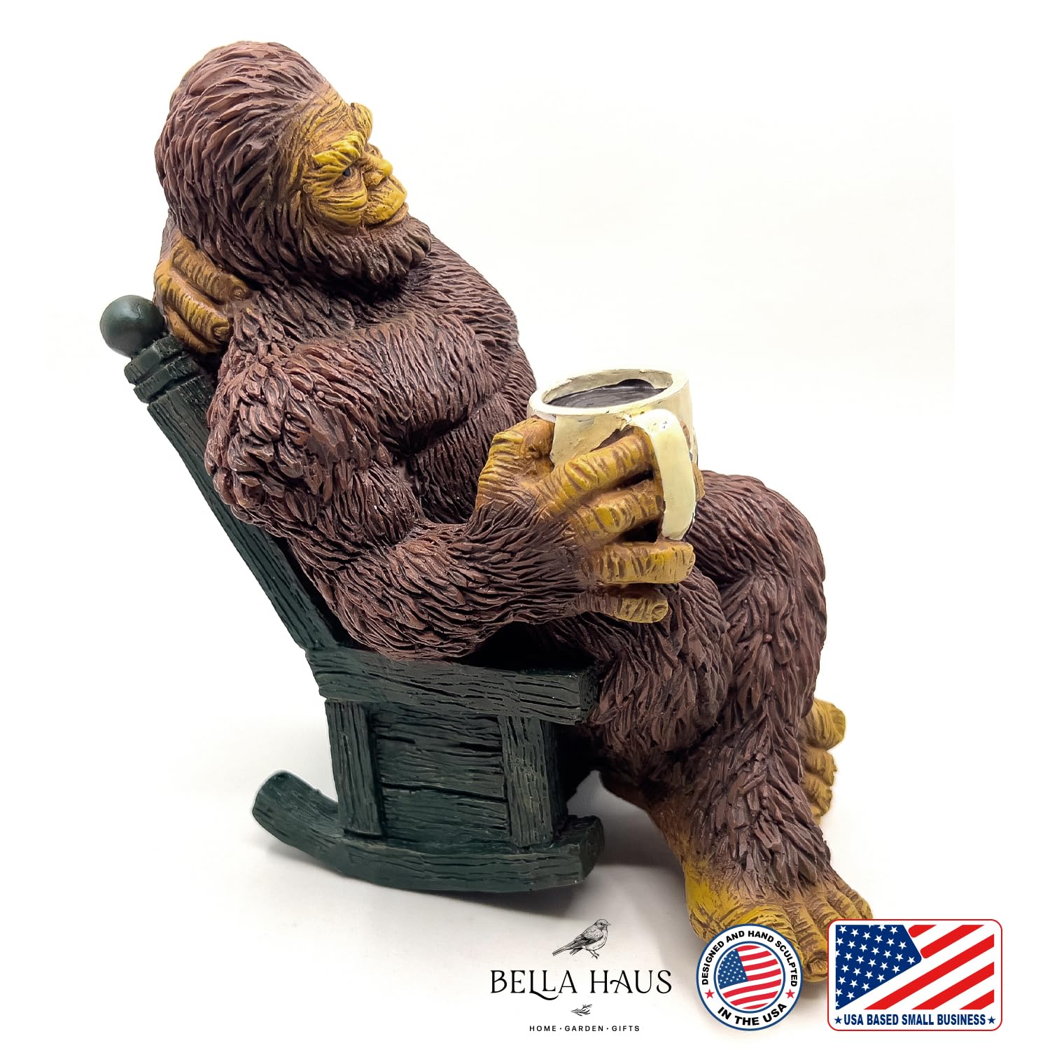 Gift-ready Bigfoot statue for coffee lovers and humor fans.
