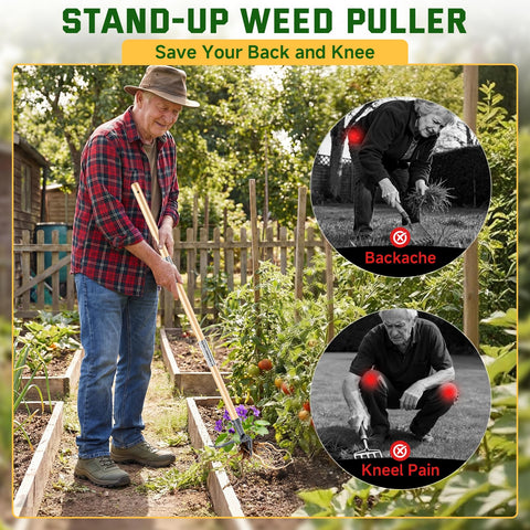BellaJoyz ergonomic garden tool reduces bending during weeding sessions.