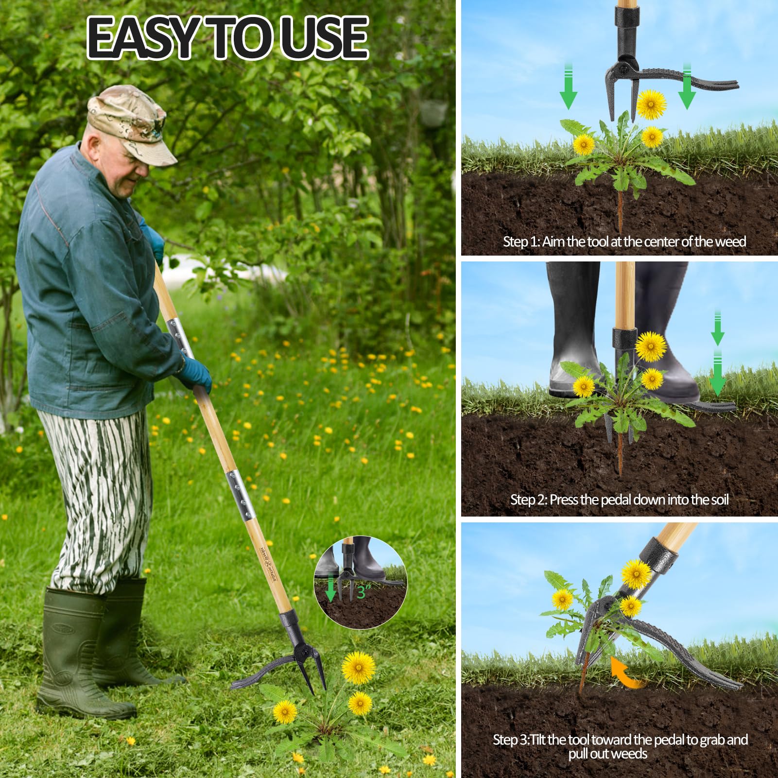 BellaJoyz Weeder four-claw head digs roots effectively in soil.