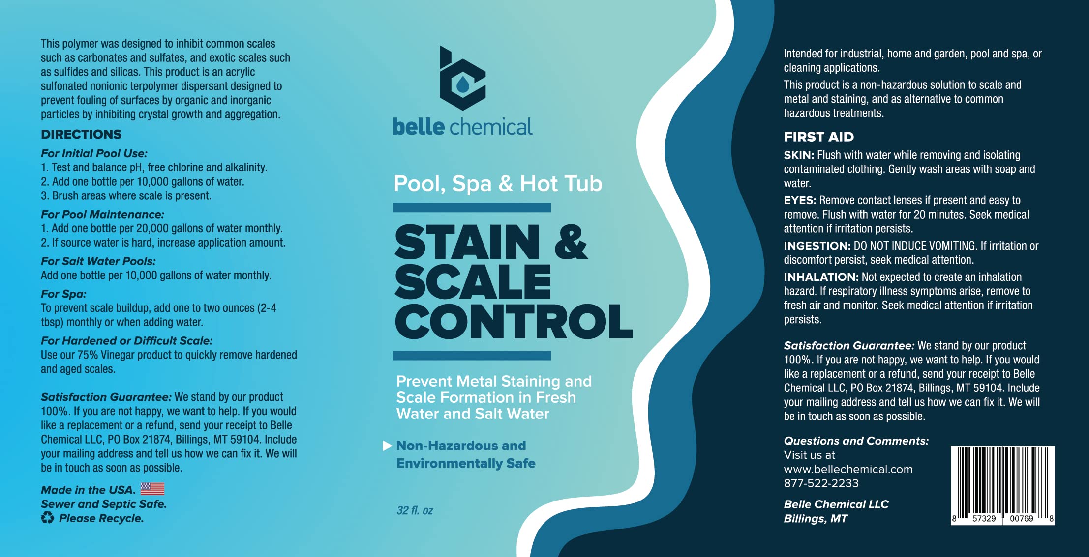 Belle Chemical Stain and Scale Control being poured into pool, reducing mineral buildup safely.