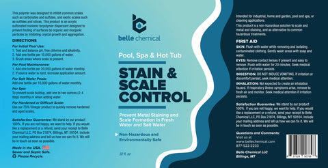 Belle Chemical Stain and Scale Control being poured into pool, reducing mineral buildup safely.