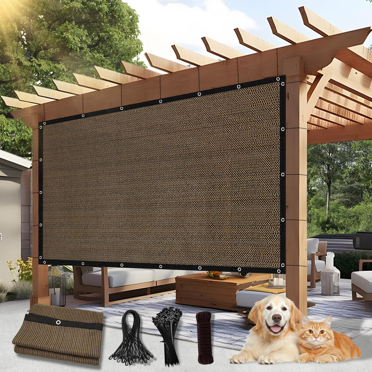 BELLE DURA 90% sunshade on mocha pergola showing grommets for easy setup