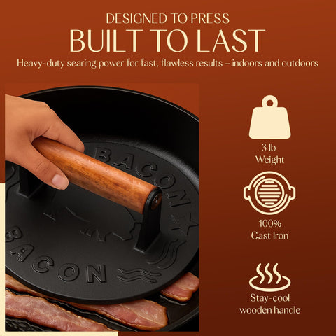 Bellemain bacon press with wood handle searing bacon evenly.
