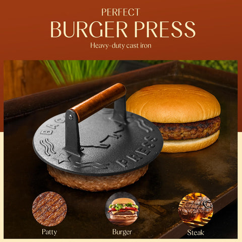 Cast iron Bellemain press seasoned to enhance non-stick surface.