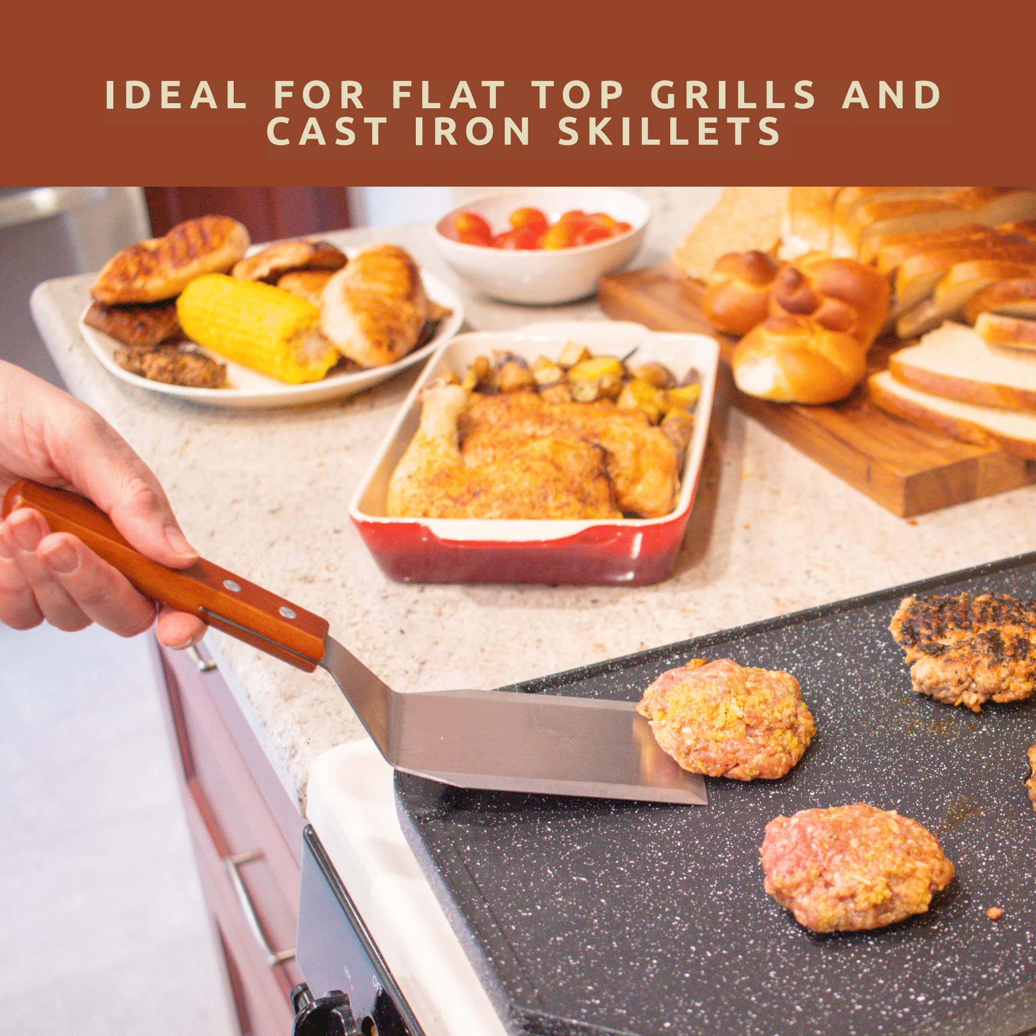 Bellemain spatula with scraper edge for quick griddle cleanup.