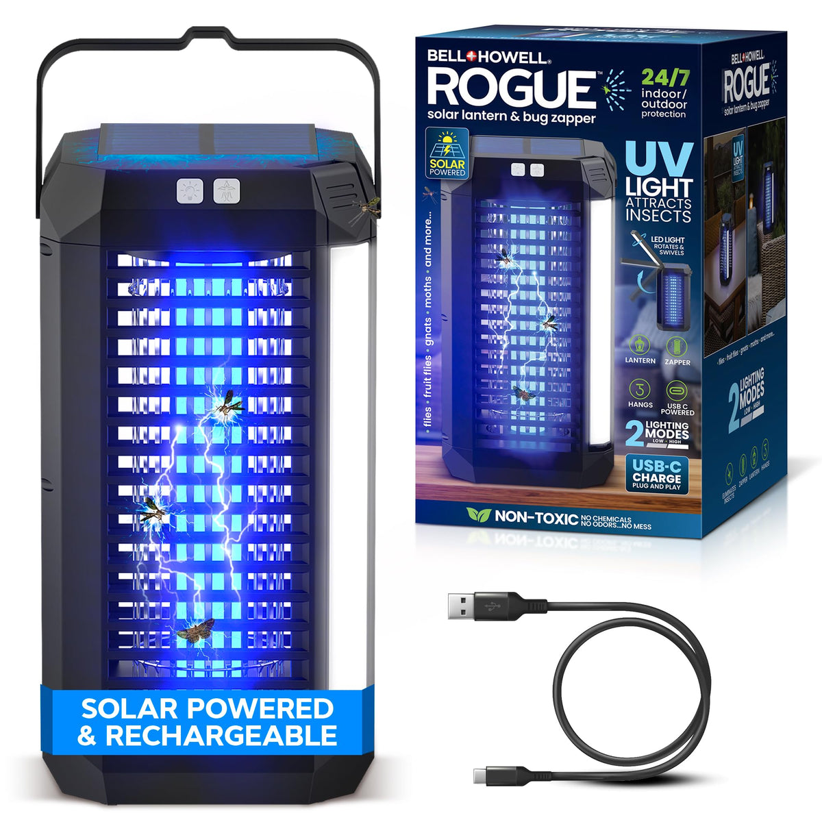 Bell+Howell Rogue solar bug zapper outdoors on patio protecting against mosquitoes