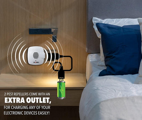 Bell+Howell Ultrasonic Pest Repeller bedroom setup promotes quiet, safe pest defense.
