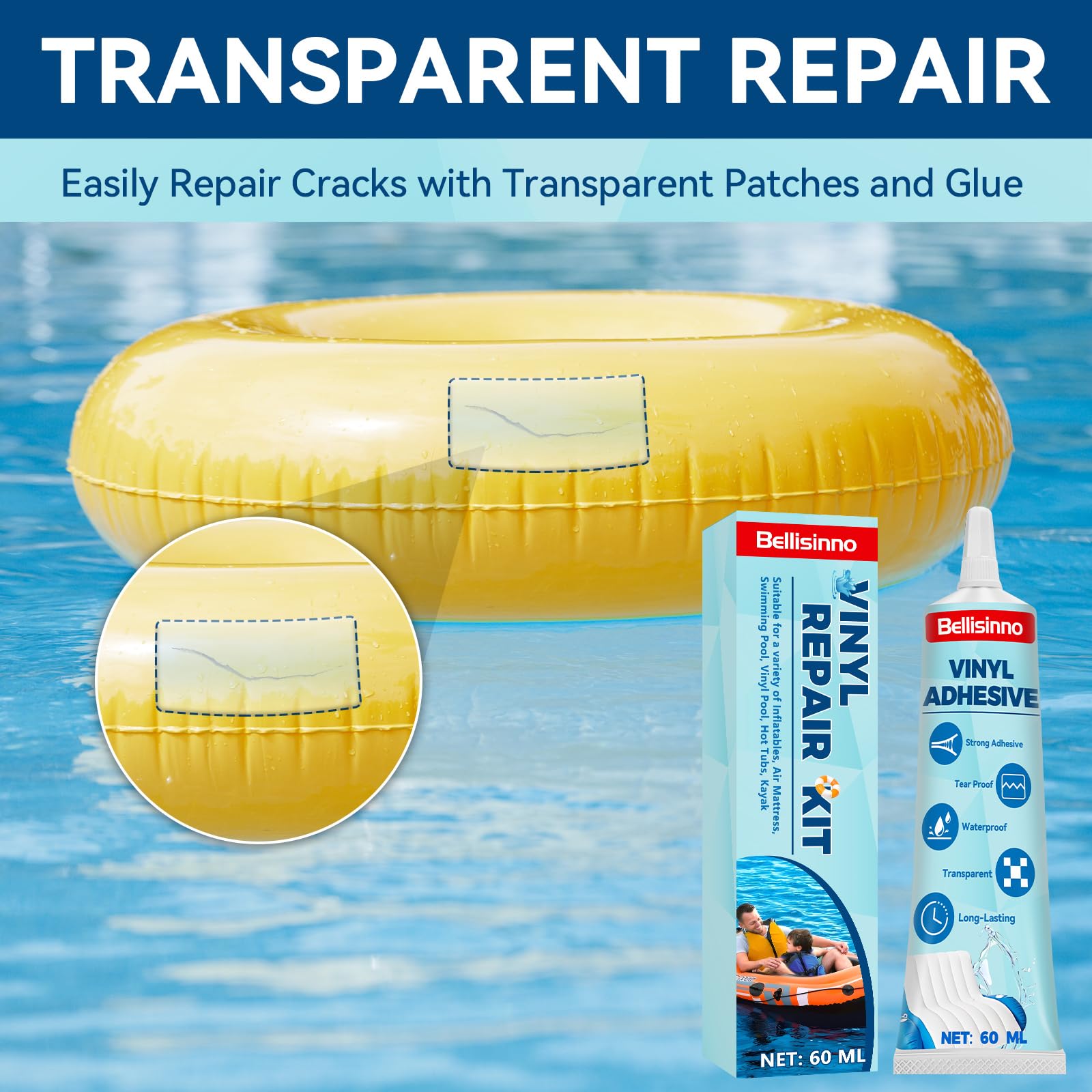 Two-color patches ready for versatile repairs on PVC surfaces.