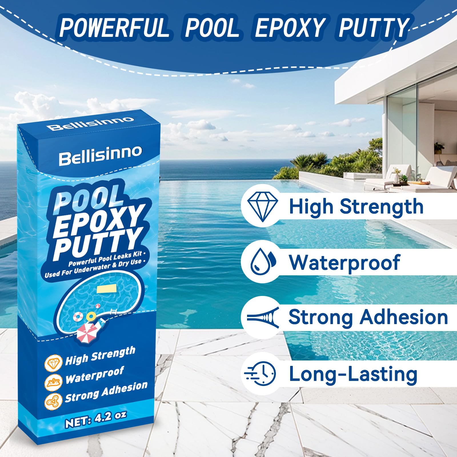 Bellisinno pool epoxy putty bonds tile and concrete surfaces