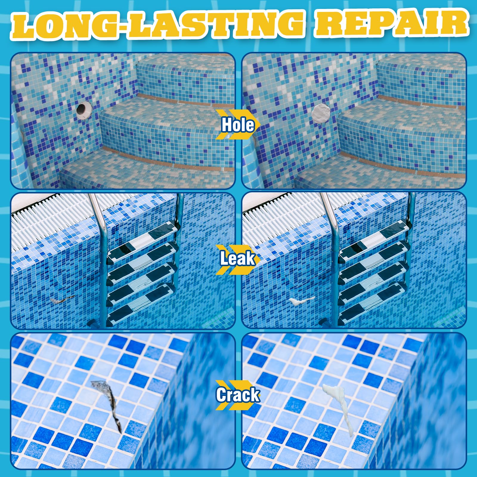 Bellisinno Pool Putty 2‑Part Repair demonstrates quick, durable crack filling.