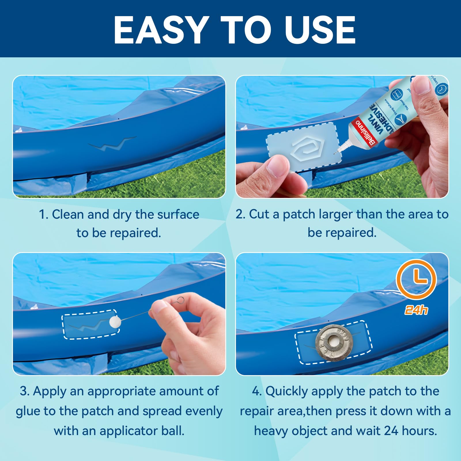 Adhesive bonds with PVC, ABS, EVA, and rubber materials.