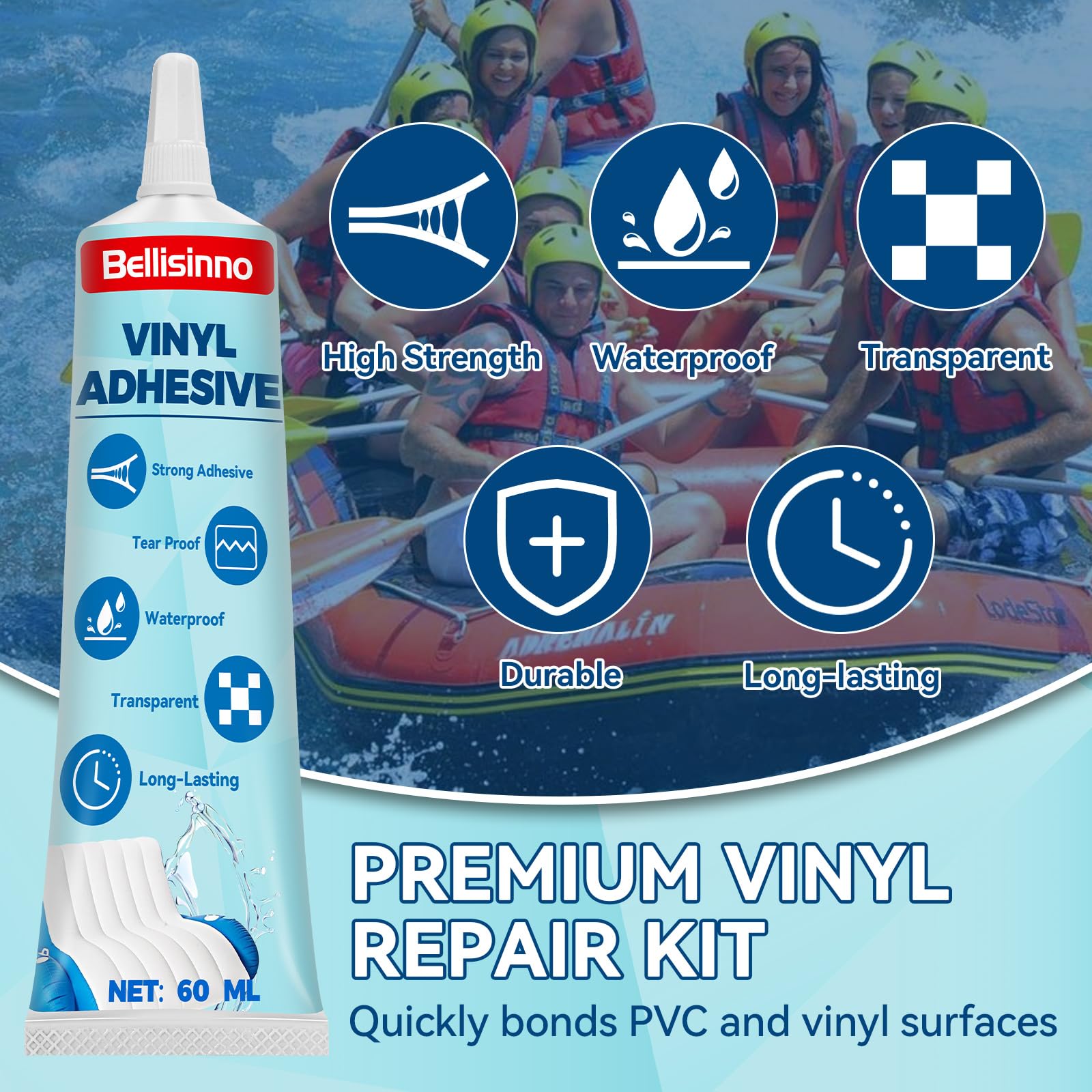Waterproof, UV-resistant patches keep inflatables looking and working.