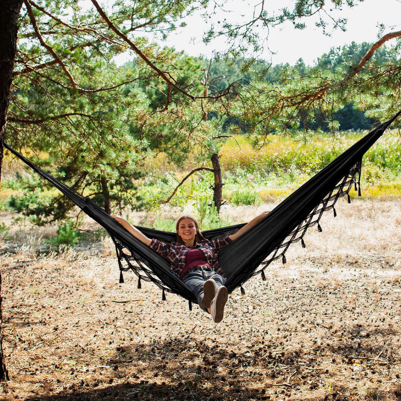 Outdoor black hammock ready for beach or camping setups