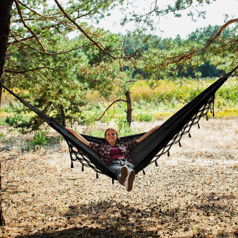 Outdoor black hammock ready for beach or camping setups