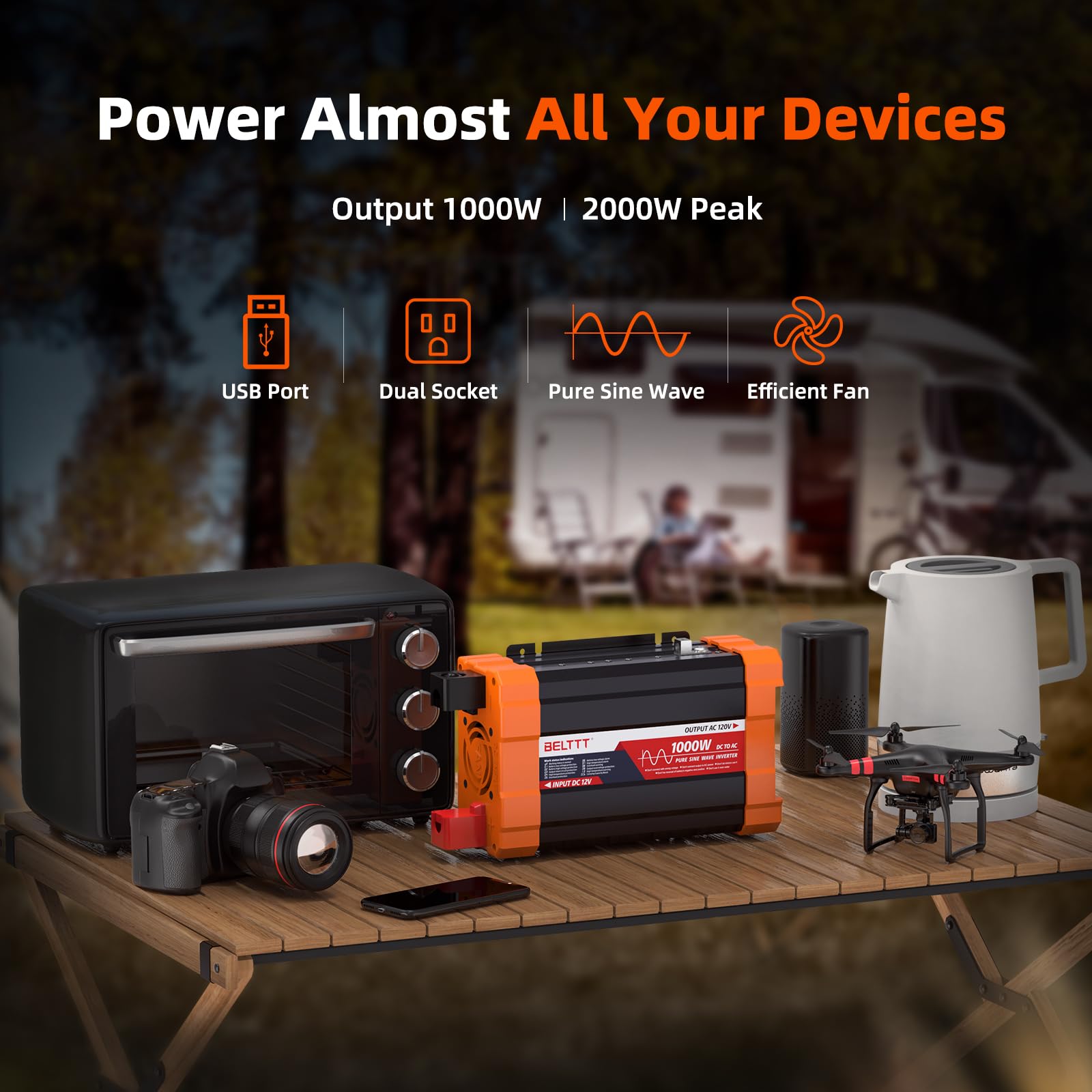 BELTTT 1000W pure sine inverter installation kit included for quick setup