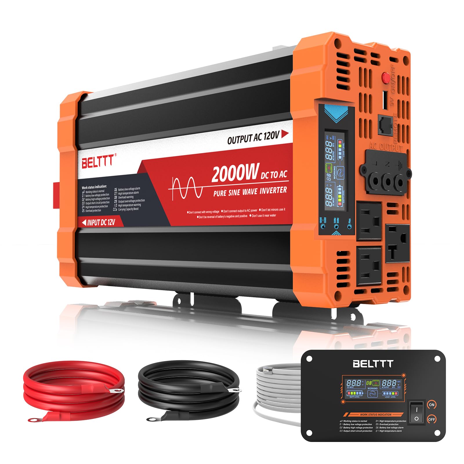 BELTTT 2000W inverter front view with dual outlets for off-grid power.