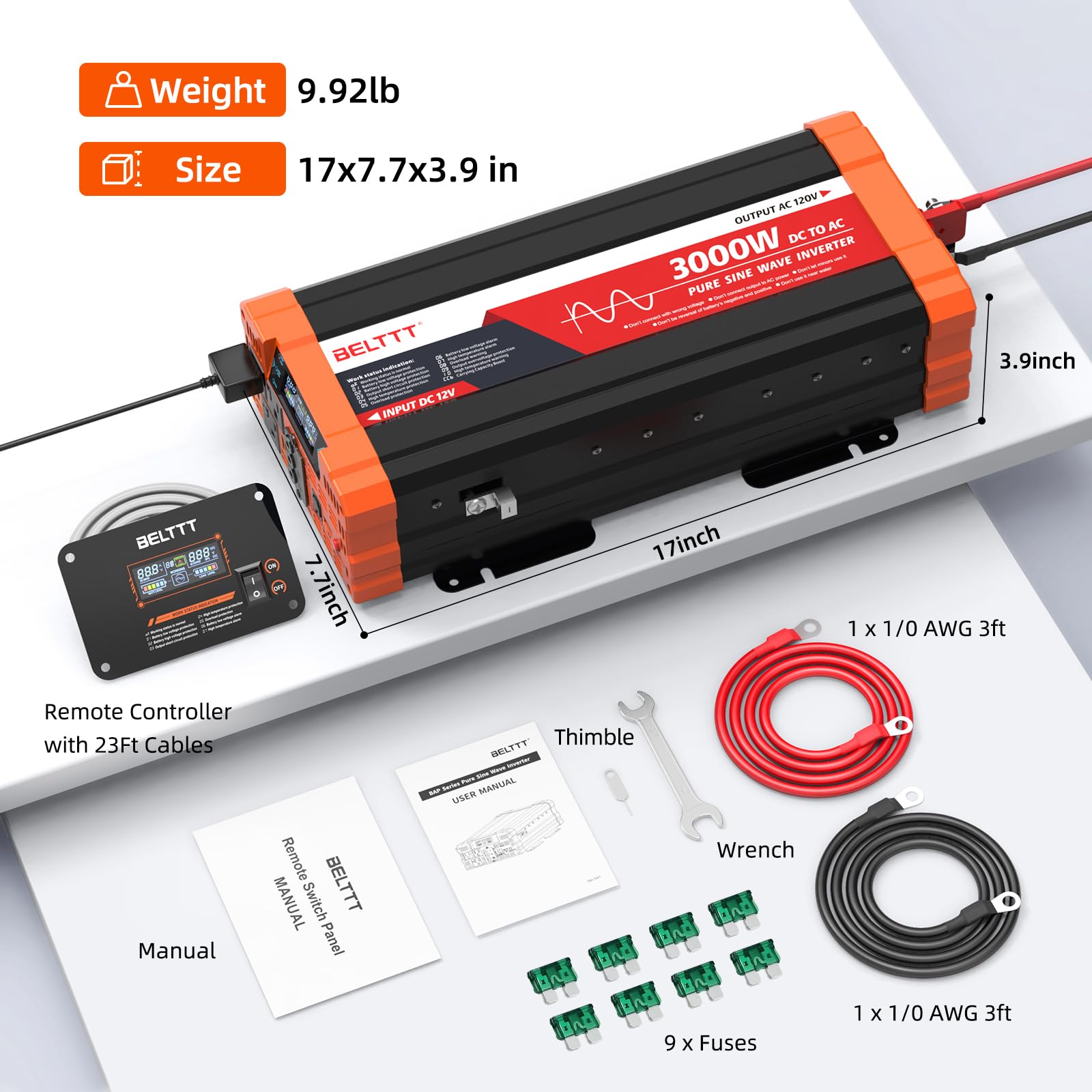 BELTTT 3000W aluminum and plastic housing for durable use.