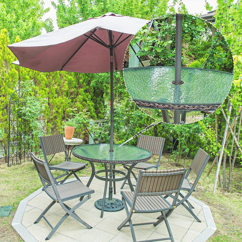 Bememo black umbrella hole ring and cap set securing the pole and protecting the tabletop.