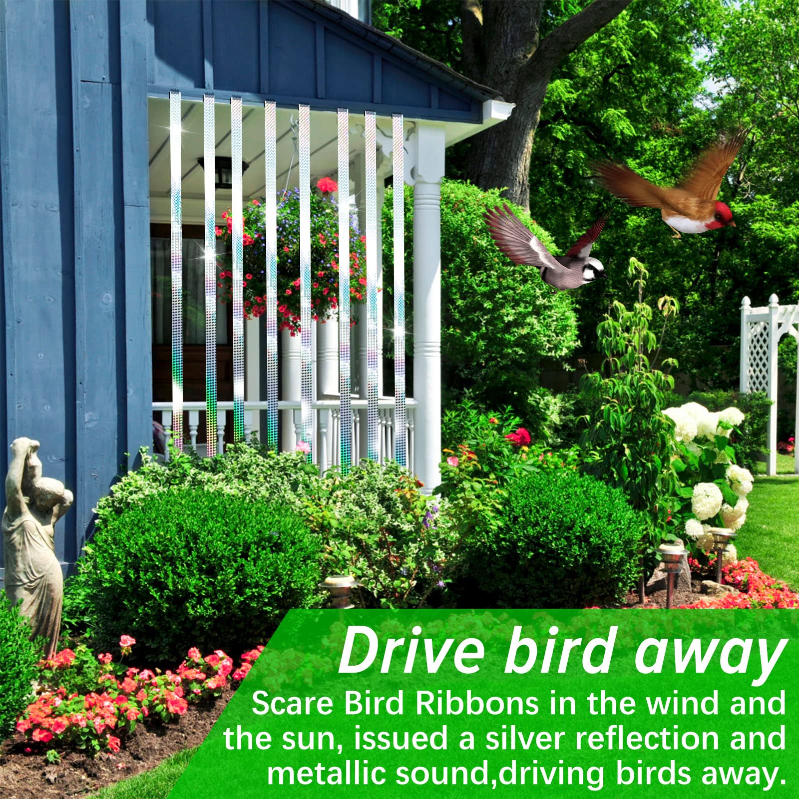 Benasan Ribbon sunlit shimmer enhances garden decor while deterring visits.