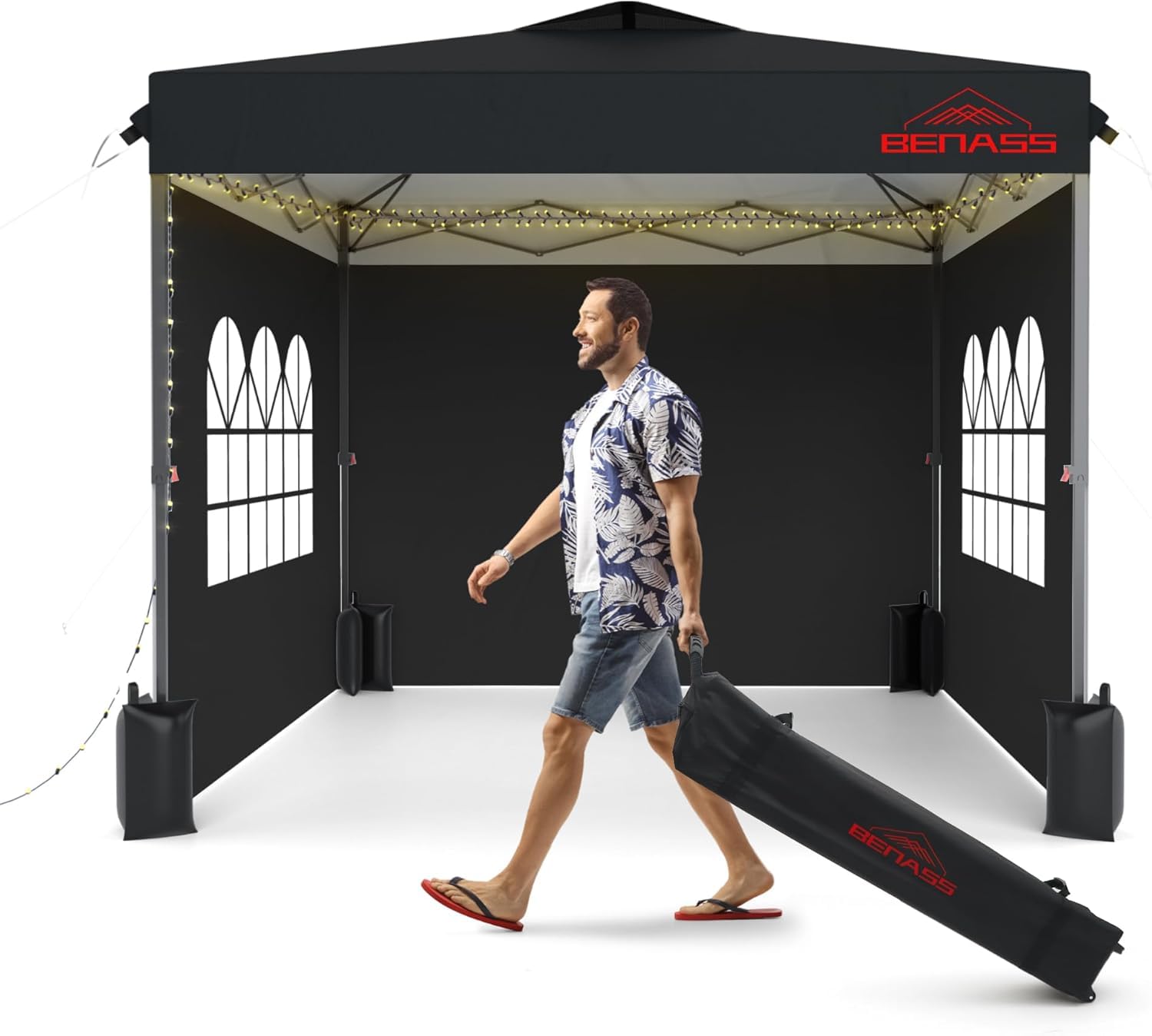Benass 10x10 canopy with sidewalls ready for quick setup at outdoor event