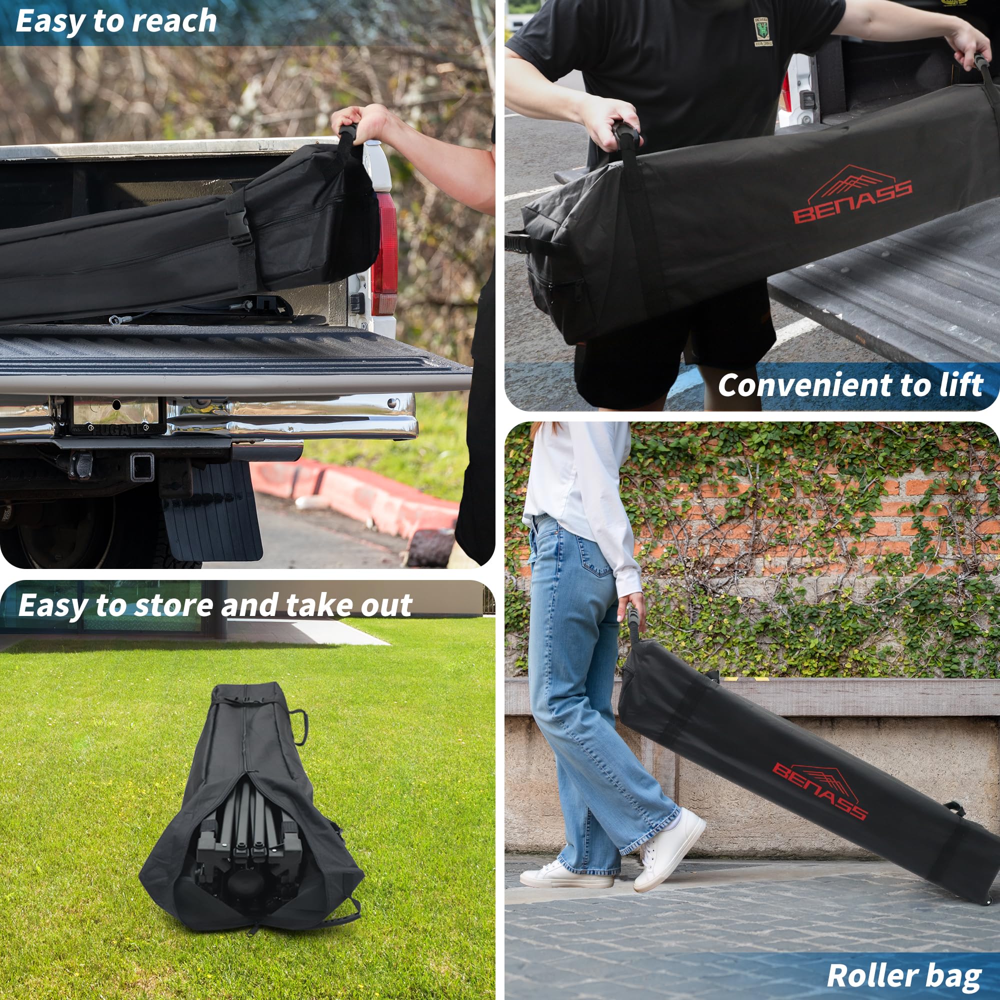 Single-person setup flow for the Benass canopy with easy transport