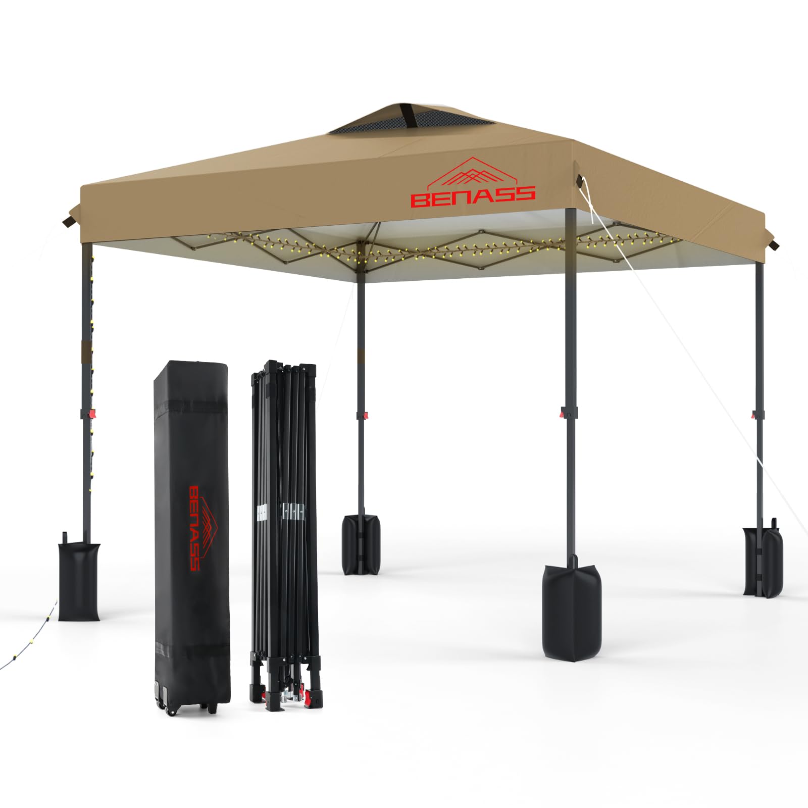 Benass 12x12 pop-up canopy being assembled for quick shade outdoors.