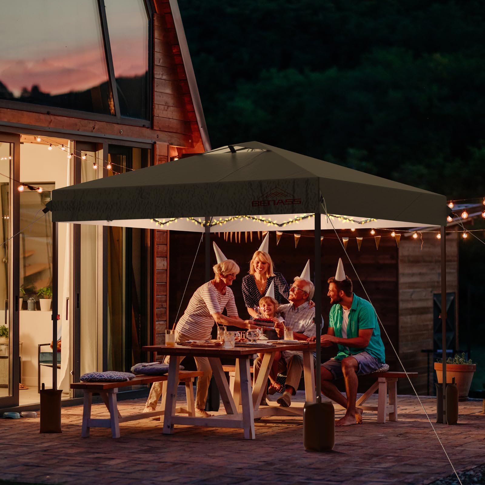 Benass 12x12 canopy provides ample space for dining and seating.