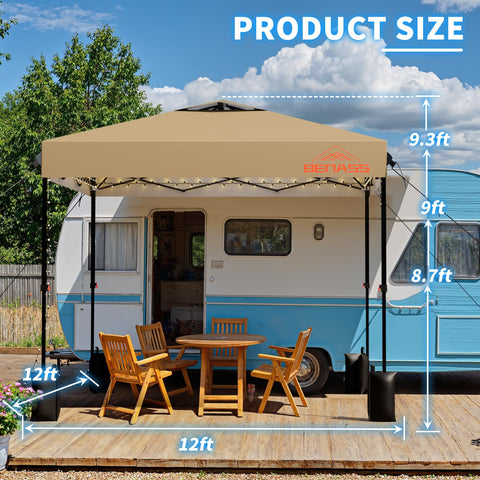 Benass easy up canopy demonstrates solo setup for outdoor events.