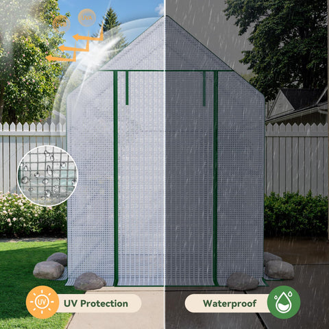 Benass greenhouse shows 4-tier shelves with 17.5 inch spacing for organized seedling trays