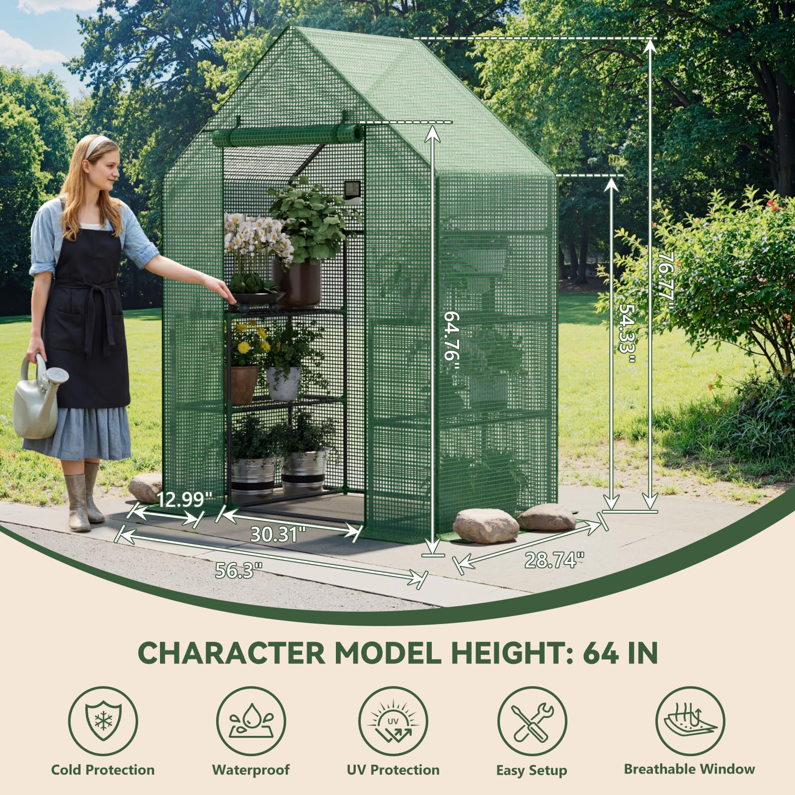Benass greenhouse four-tier shelves with 17.5-inch spacing for organized seedling trays.
