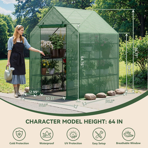 Benass greenhouse outdoors showing three tiers eight shelves for organized seed starting.