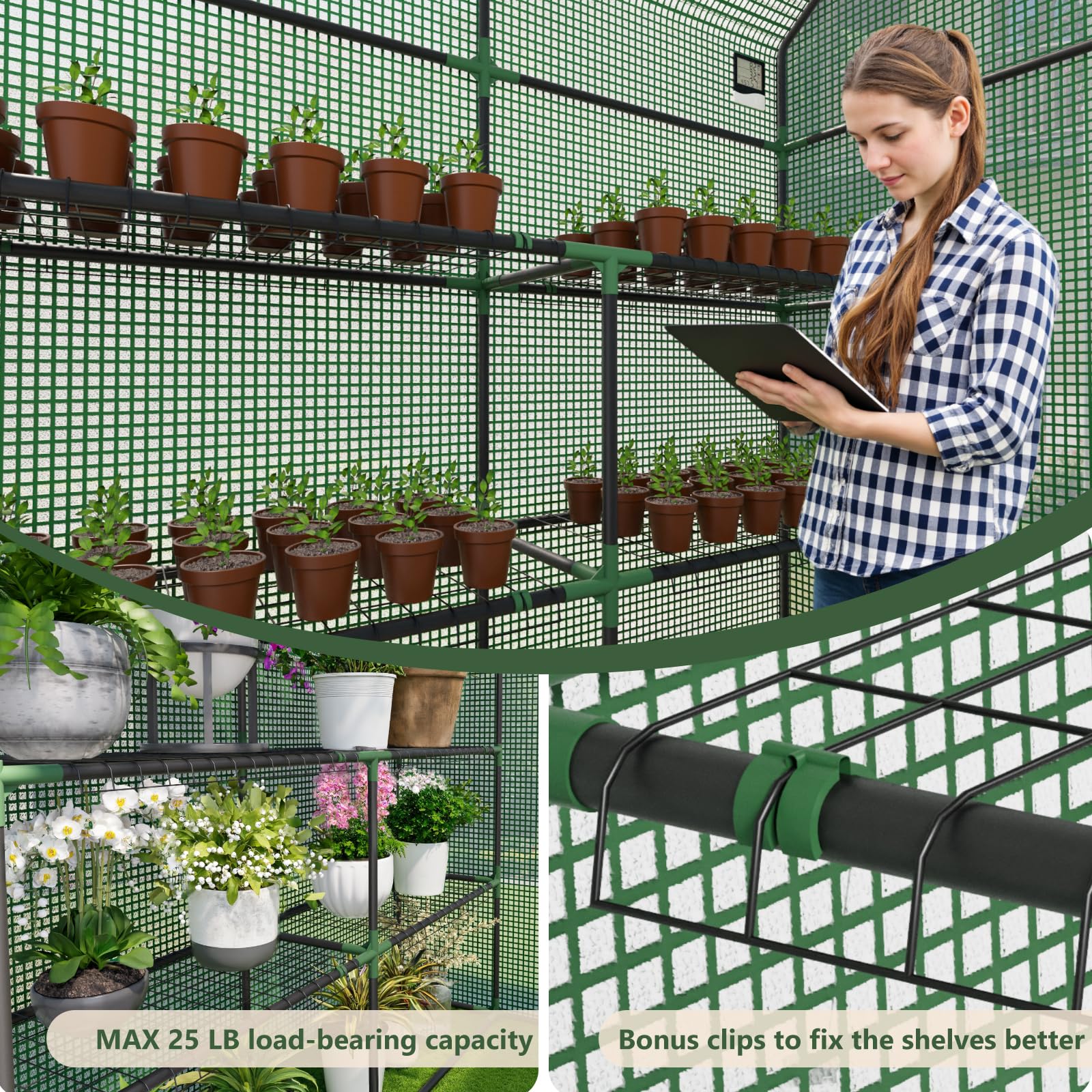 Benass greenhouse backyard setup offering spacious shelving for pots and trays.