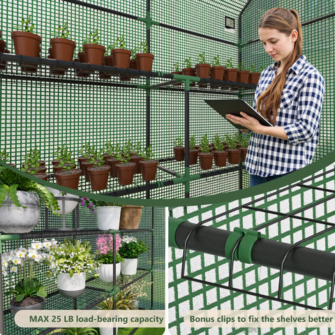 Benass greenhouse backyard setup offering spacious shelving for pots and trays.