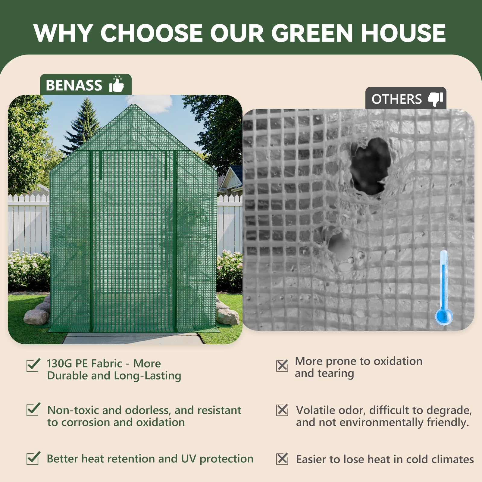 Benass greenhouse supports seed germination and propagation on a well-organized shelf.